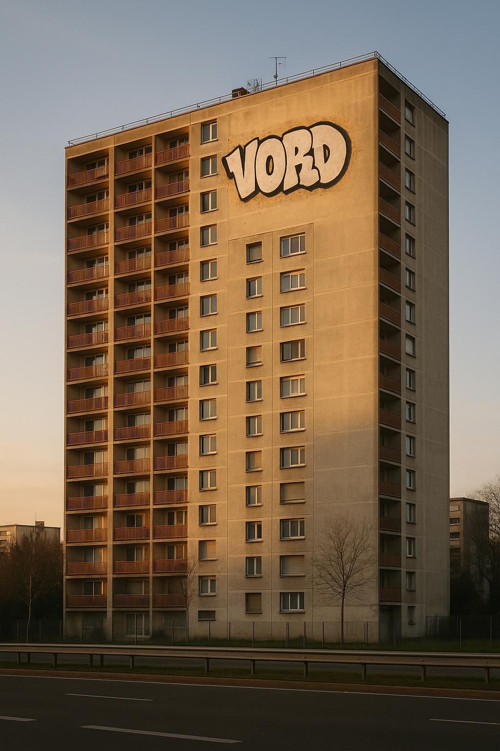 à vénissieux, un immense tag surplombe une tour, dévoilant au grand jour un ancien lieu de deal autrefois caché, révélant une nouvelle facette du quartier.