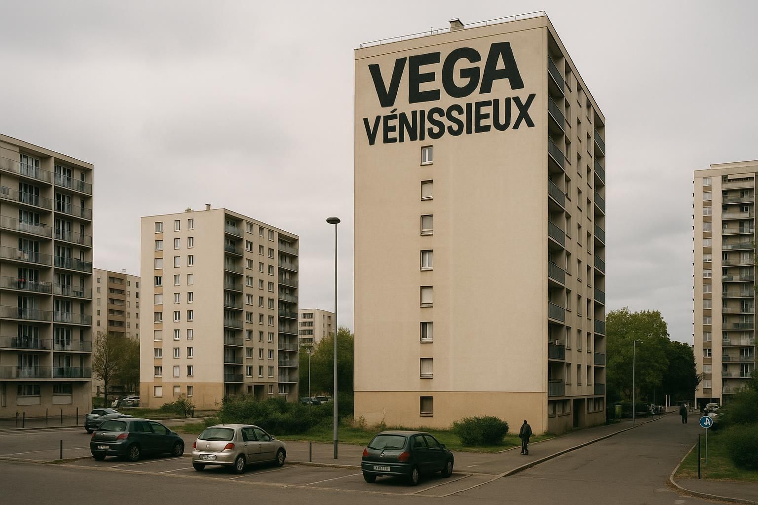 à vénissieux, un gigantesque tag orne une tour, dévoilant au grand jour un ancien lieu de deal jusque-là caché.